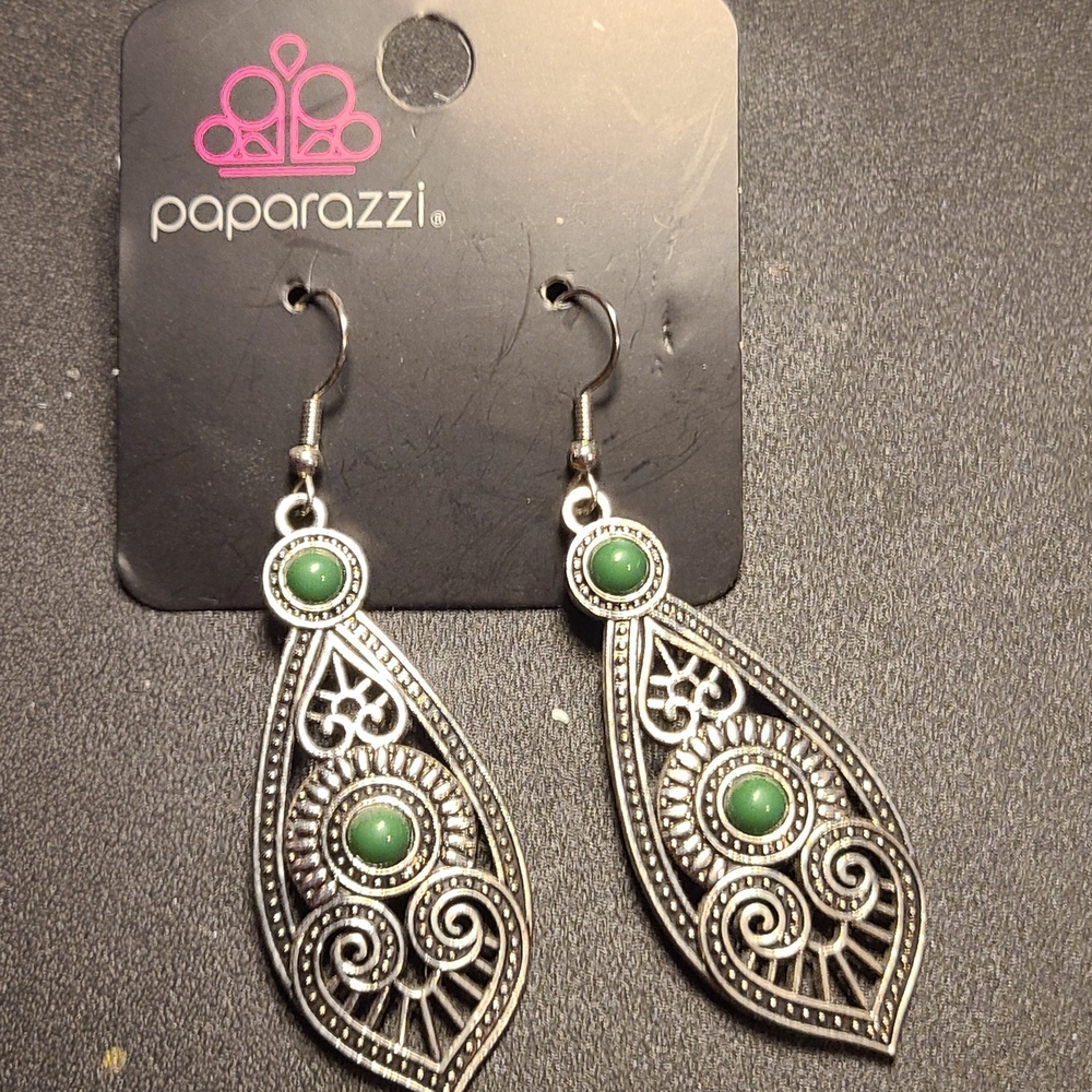 Paparazzi Silver Earrings with Green Accents